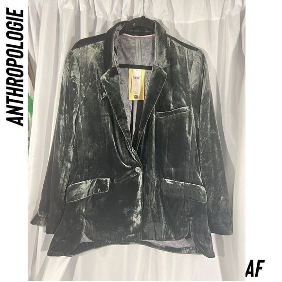 ANTHROPOLOGIE ALESSIA VELVET BLAZER IN CARBON GREEN NWT XLP - Picture 4 of 5